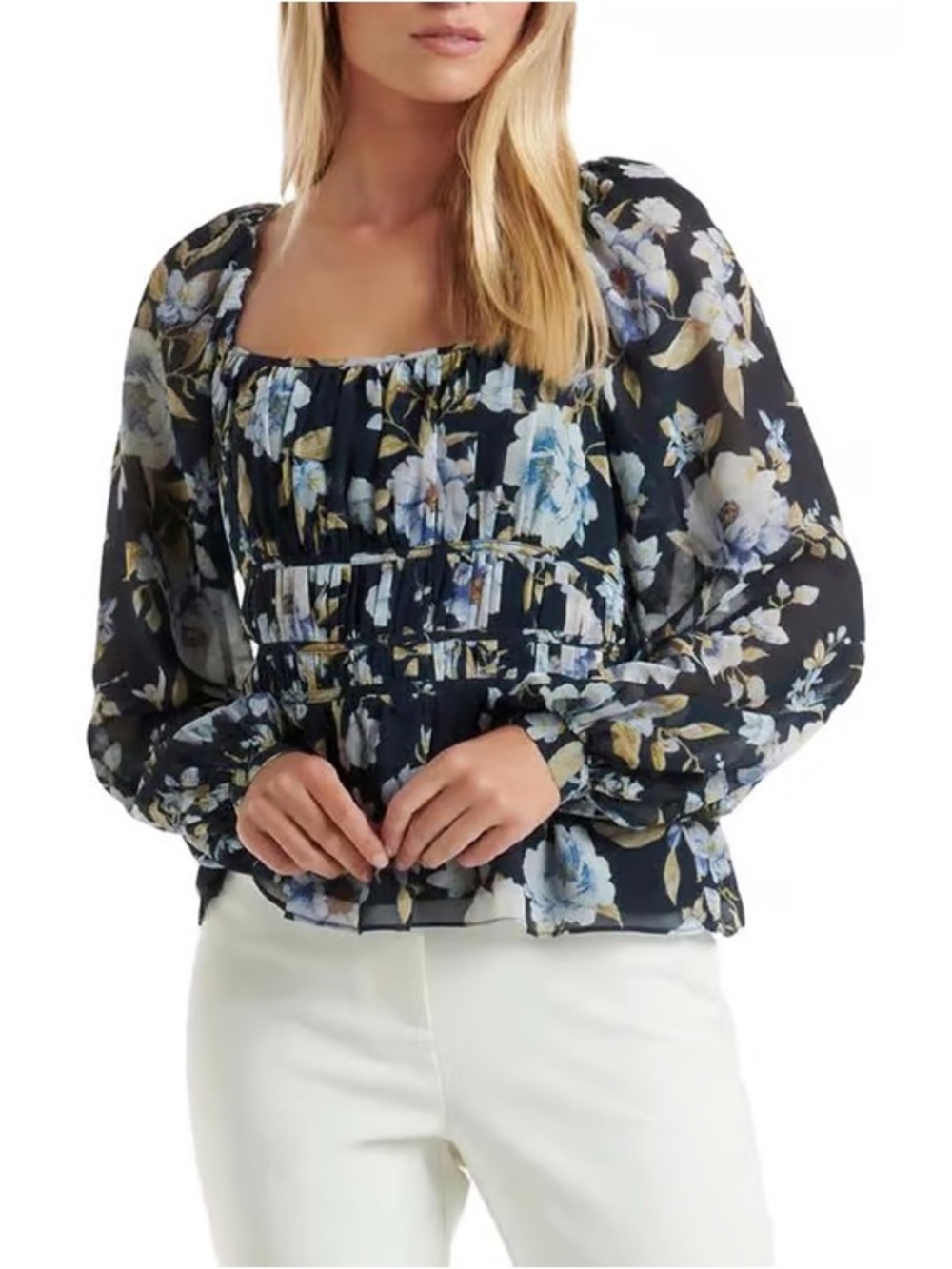 Ever New Black Floral Peplum Blouse with Blue Blooms
